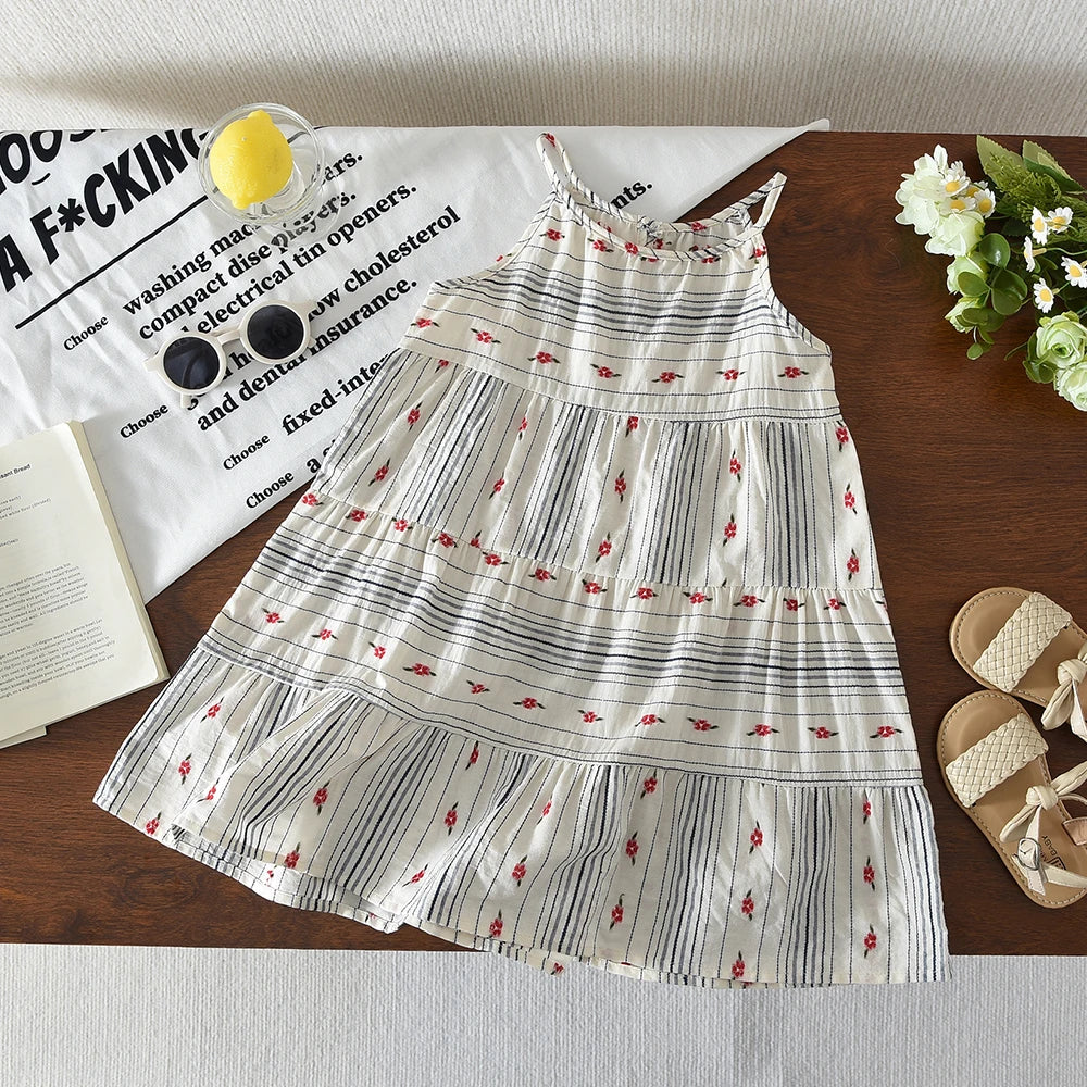 Girls Solid Color Lace Trim Dress