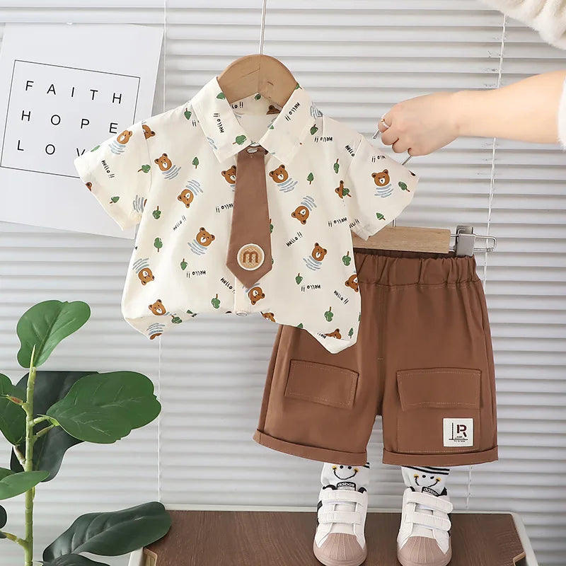 Boys Cartoon Bear Tie Shirt Set