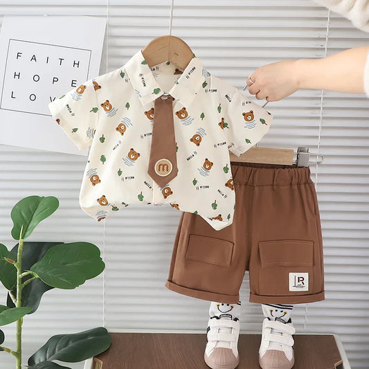 Boys Cartoon Bear Tie Shirt Set