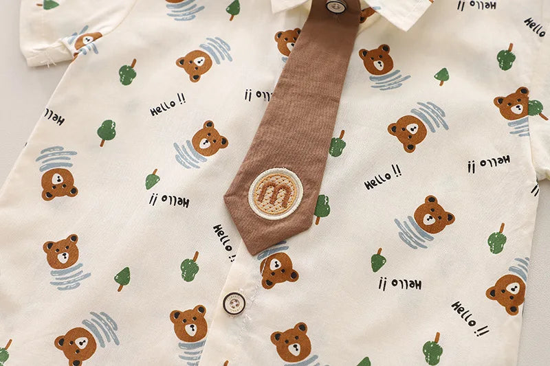 Boys Cartoon Bear Tie Shirt Set