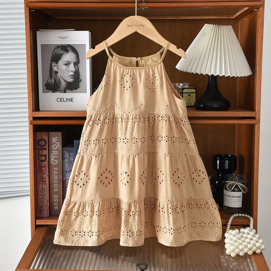 Girls Solid Color Lace Trim Dress
