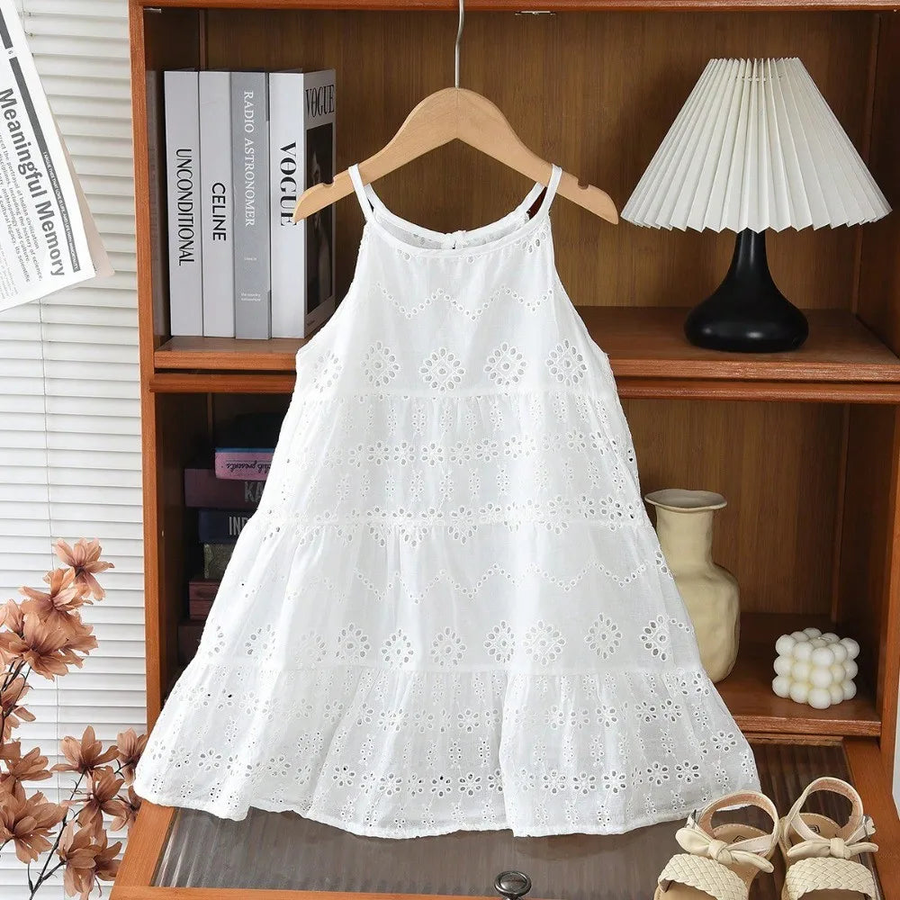Girls Solid Color Lace Trim Dress