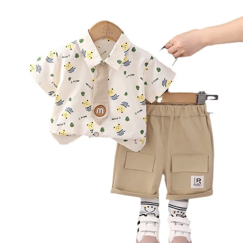 Boys Cartoon Bear Tie Shirt Set