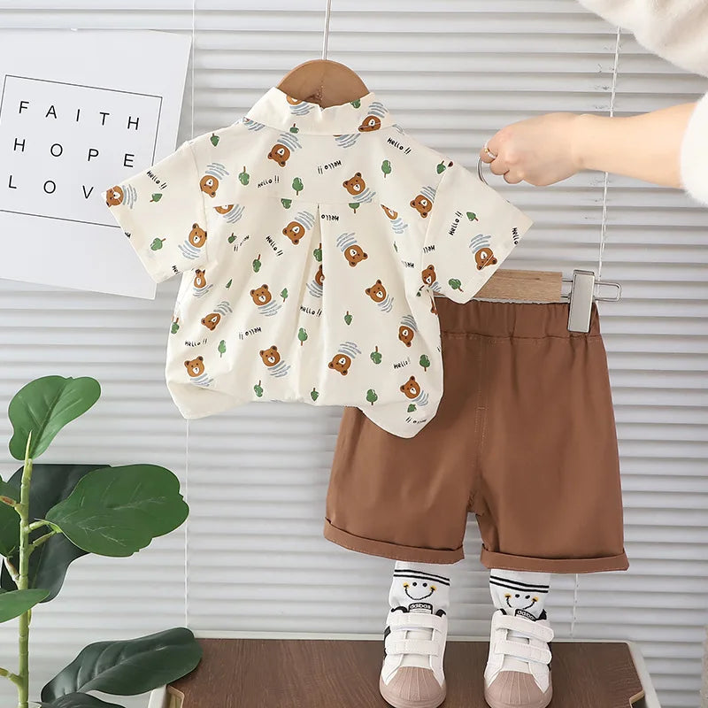Boys Cartoon Bear Tie Shirt Set