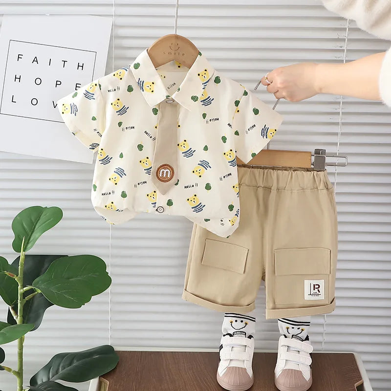 Boys Cartoon Bear Tie Shirt Set