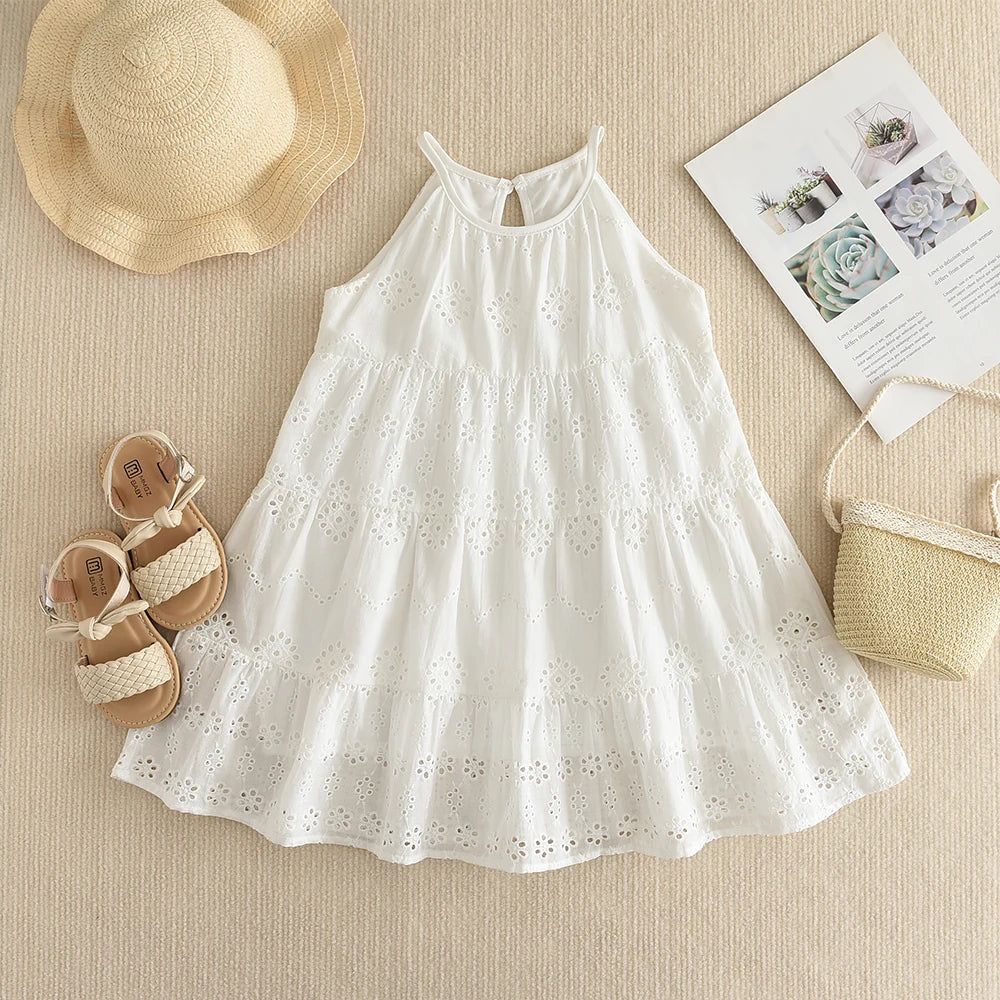 Girls Solid Color Lace Trim Dress