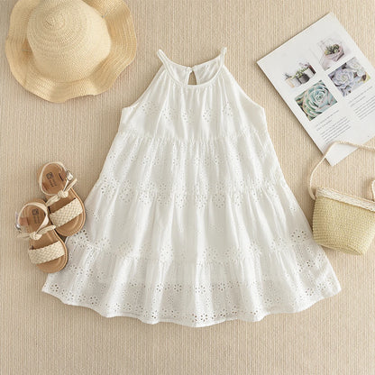 Girls Solid Color Lace Trim Dress