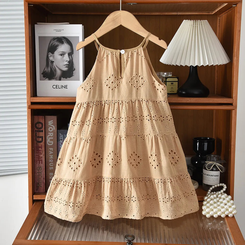 Girls Solid Color Lace Trim Dress